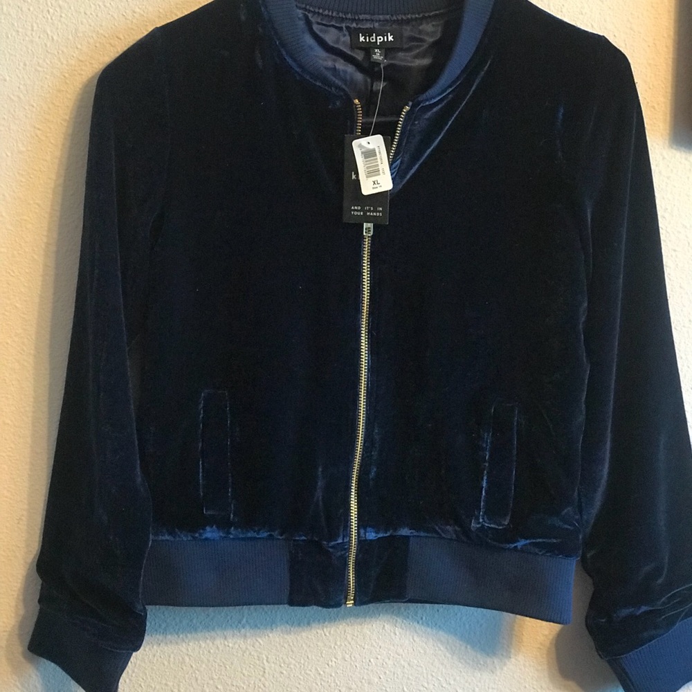 🆕 Kidpik Girls Navy Velour Baseball Jacket XL/14